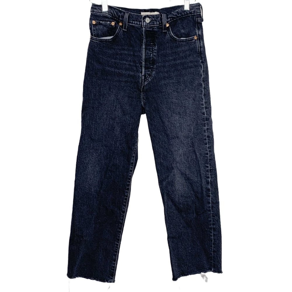 Levi's Premium Ribcage Straight Ankle Raw Hem Black Distressed Wash 29